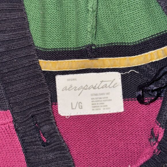 Vtg Y2K Aeropostale Sweater Womens Large Multicolor Striped Henley Neck Hooded - Picture 8 of 8